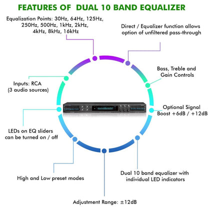 Technical Pro EQ5400 Professional Dual 10-Band Graphic Equalizer with LED Indicators, RCA Inputs & Rack Mount