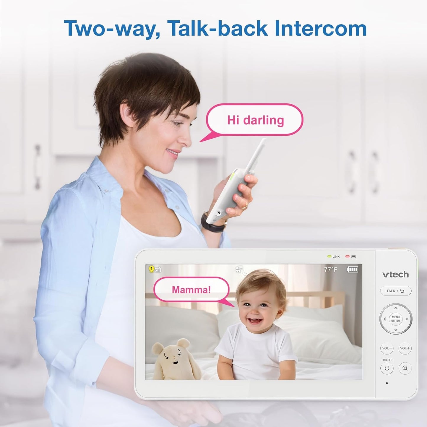 VTech Baby Monitor No Wi-Fi, 2 Cameras, 7" IPS Split Screen, 5000mAh 12Hr Battery, 360° PTZ, 4X Zoom, Night Vision