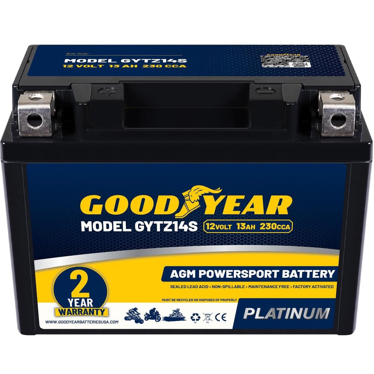 Goodyear GYTZ14S - 12 Volt 13 AH, 230 CCA, Rechargeable High-Performance, Maintenance Free, SLA - AGM Battery