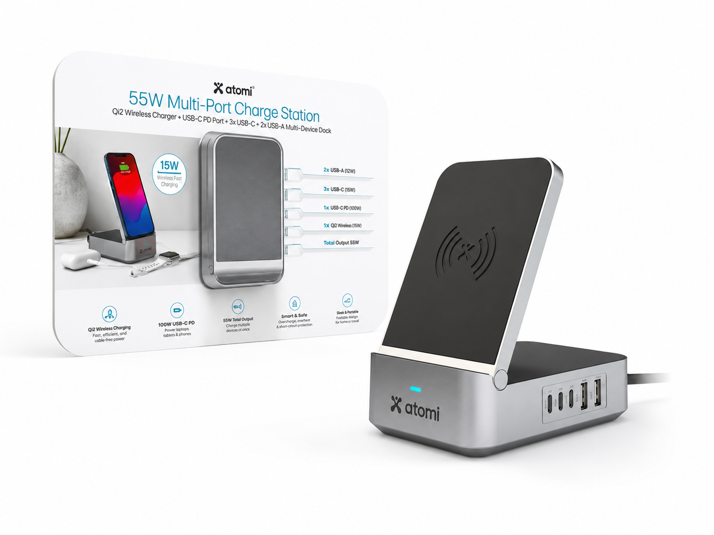 Atomi 55W Multi port charging station Qi, 20W PD port, 2x USB-C ports, 2x USB-A ports - AT1705-55W