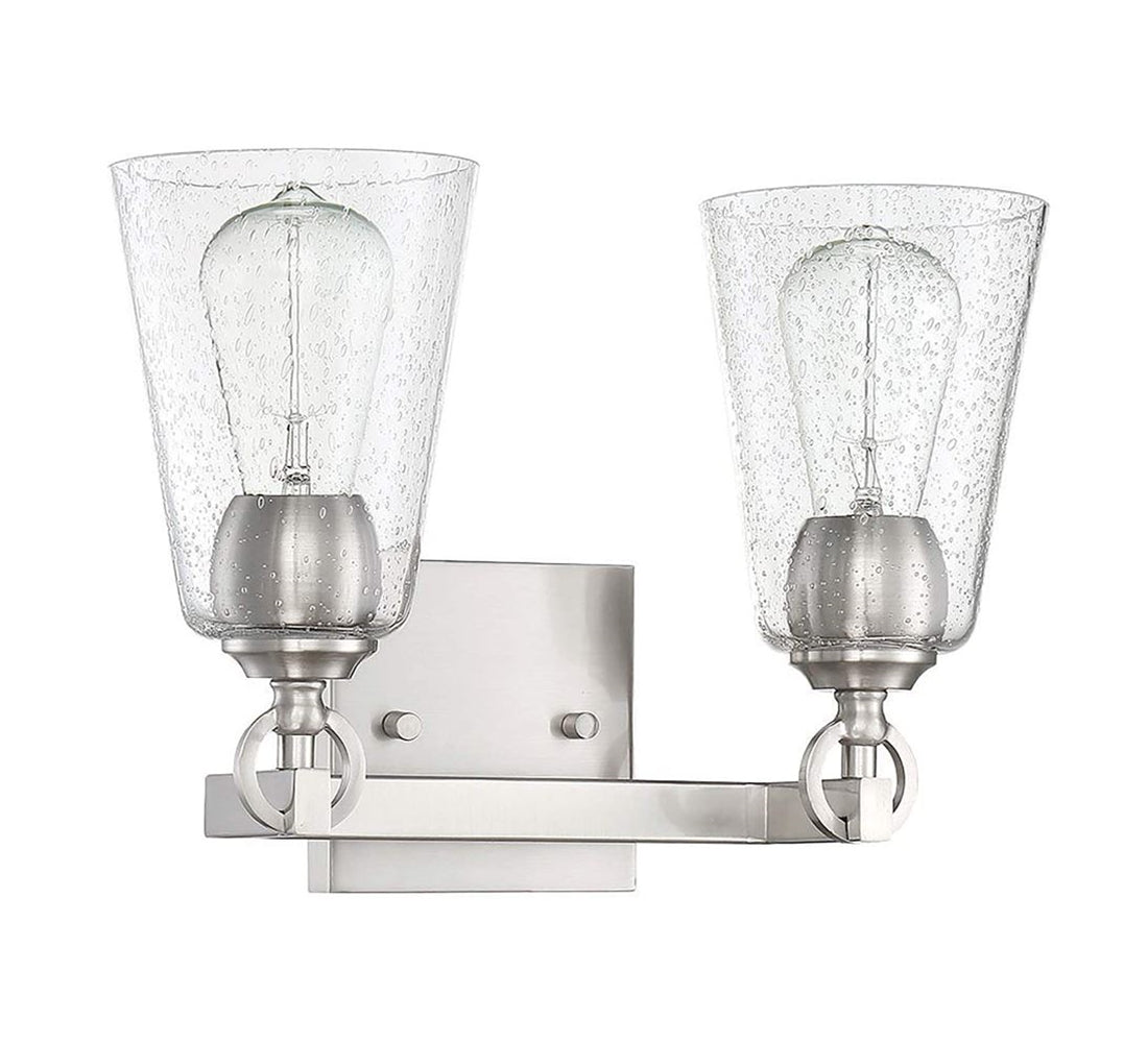 Sunset Lighting Arden 2-Light Vanity, Clear Seedy Steel Round Glass Bright Satin Nickel Finish - F7222-80