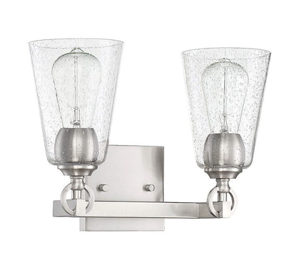 Sunset Lighting Arden 2-Light Vanity, Clear Seedy Steel Round Glass Bright Satin Nickel Finish - F7222-80