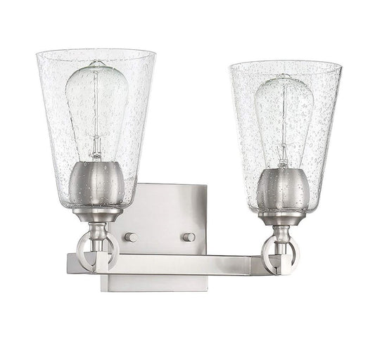 Sunset Lighting Arden 2-Light Vanity, Clear Seedy Steel Round Glass Bright Satin Nickel Finish - F7222-80