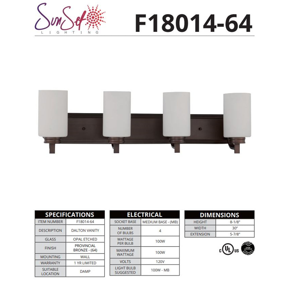 Sunset Lighting Dalton 4-Light Vanity 100W Opal Etched Glass, Provincial Bronze F18014-64