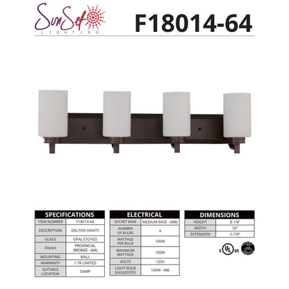 Sunset Lighting Dalton 4-Light Vanity 100W Opal Etched Glass, Provincial Bronze F18014-64