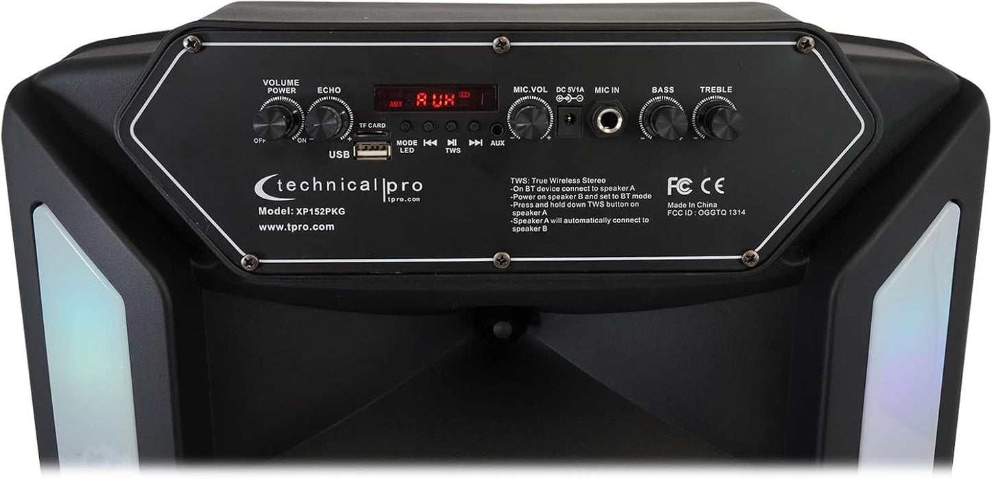 Technical Pro XP152PKG Rechargeable 15" Bluetooth LED Speaker Package with Tripod & Microphone