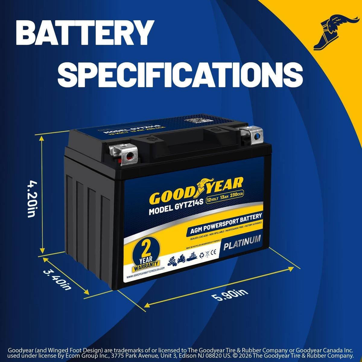 Goodyear GYTZ14S - 12 Volt 13 AH, 230 CCA, Rechargeable High-Performance, Maintenance Free, SLA - AGM Battery