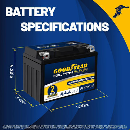 Goodyear GYTZ14S - 12 Volt 13 AH, 230 CCA, Rechargeable High-Performance, Maintenance Free, SLA - AGM Battery