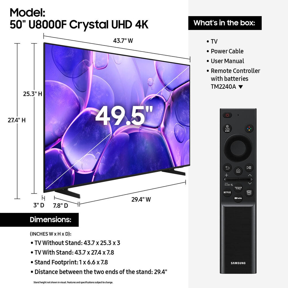 Samsung 50” Class U8000F Series Crystal UHD 4K Smart Tizen TV 2025 UN50U8000FFXZA