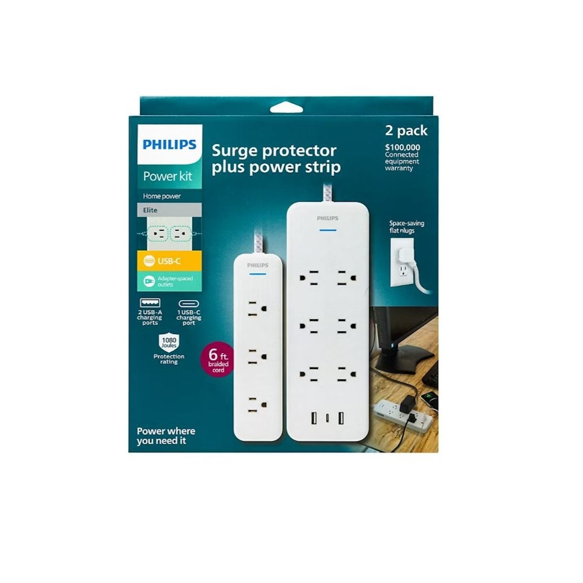 Philips 6-Outlet Surge Protector 2 USB-A 1 USB-C 6' 3-Outlet Power Strip 6' 2-pack