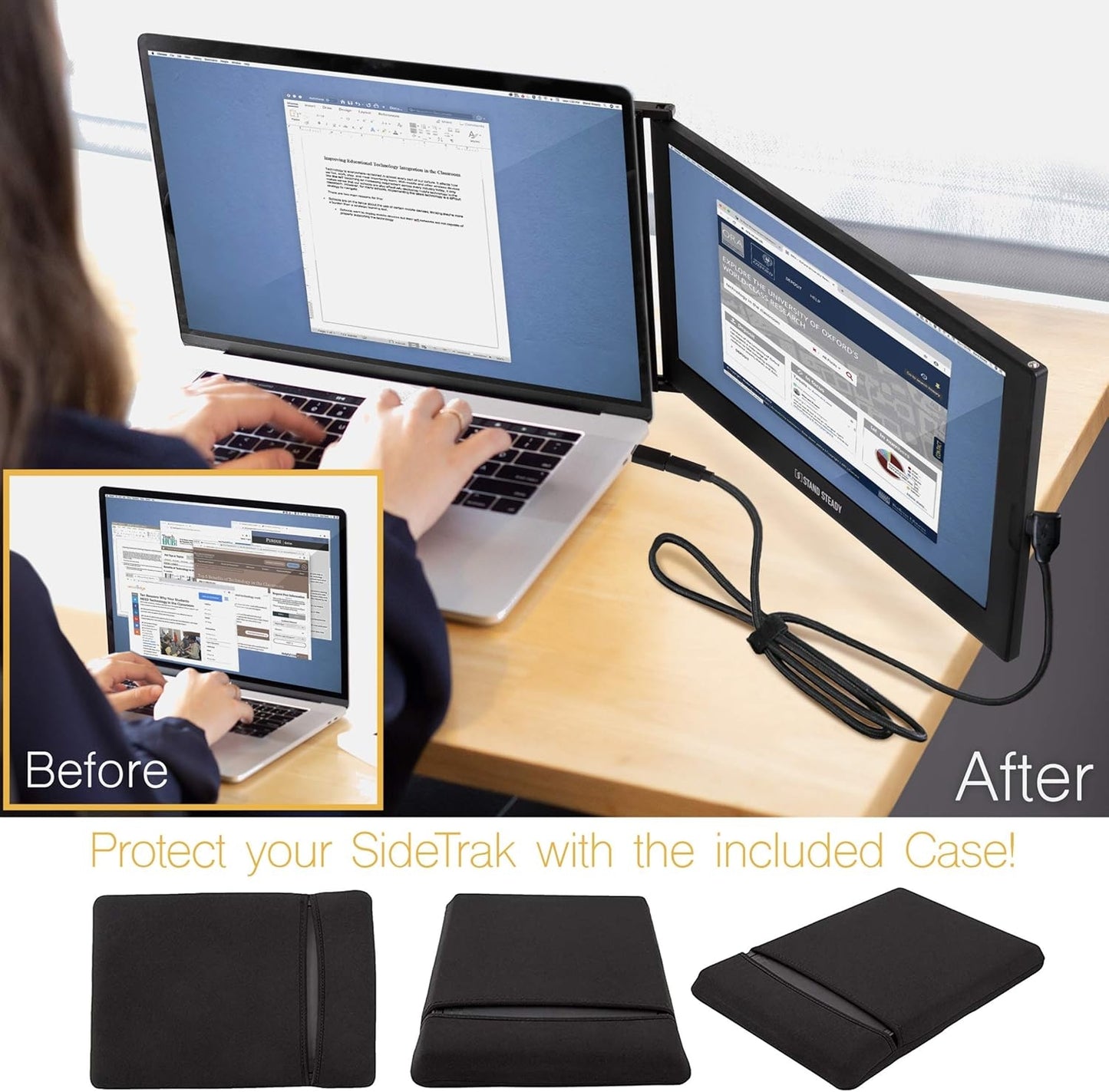 SideTrak Slide 12.5" Attachable Portable Monitor for Laptop with Case - IPS Full HD 1080p USB Display - Black