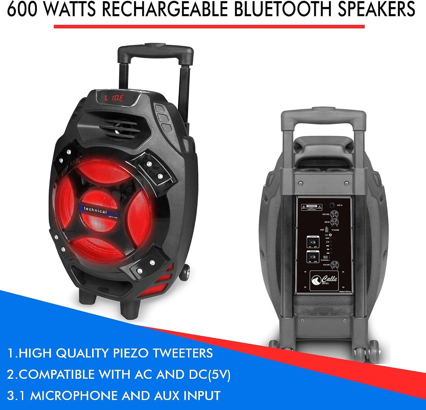 Technical Pro CALLE7 Rechargeable Bluetooth Party Speaker with 8-Inch LED Woofer