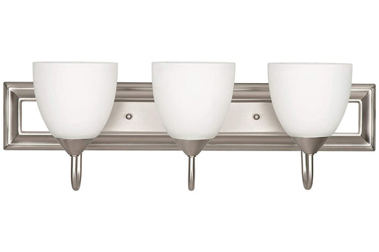 Noble Home 3-Light Bathroom 100W Vanity Light Fixture White Milk Glass Shades, Damp Rated, Satin Nickel WLF3623-53