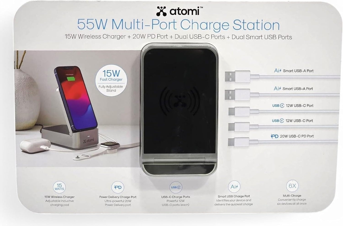 Atomi 55W Multi port charging station Qi, 20W PD port, 2x USB-C ports, 2x USB-A ports - AT1705-55W