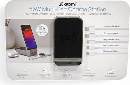 Atomi 55W Multi port charging station Qi, 20W PD port, 2x USB-C ports, 2x USB-A ports - AT1705-55W