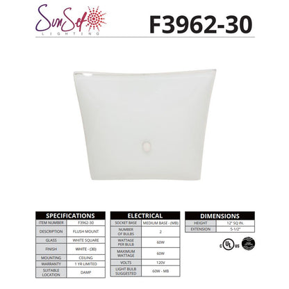 Luminance Sunset Lighting 2-Light 12" Ceiling Mount White Square Glass Dimmable F3962-30