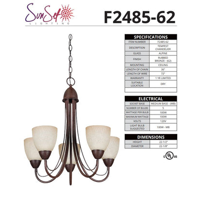 Sunset Lighting TF2485-62-GT2472 Tempest Rubbed Bronze Five Light Chandelier With Alpine Glass