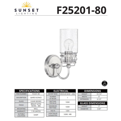 Sunset Lighting Qairo 1-Light Mb Vanity Clear Seeded Glass Bright Satin Nickel F25201-80