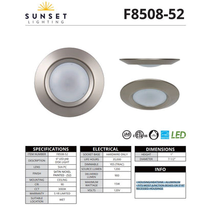 Sunset 6" Disk Light 15W 850Lm 3000K Satin Nickel F8508-52-RP