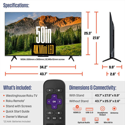 Westinghouse - 50-inch Mini-LED 4K UHD Roku TV with Dolby Vision, QLED, Local Dimming, WR50MX6500