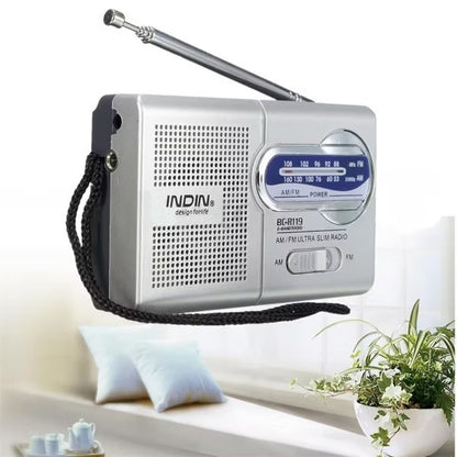 BC-R119 Mini Radio,Portable AM FM Telescopic Antenna Pocket Radio World Receiver Speaker Battery Operated, Silver