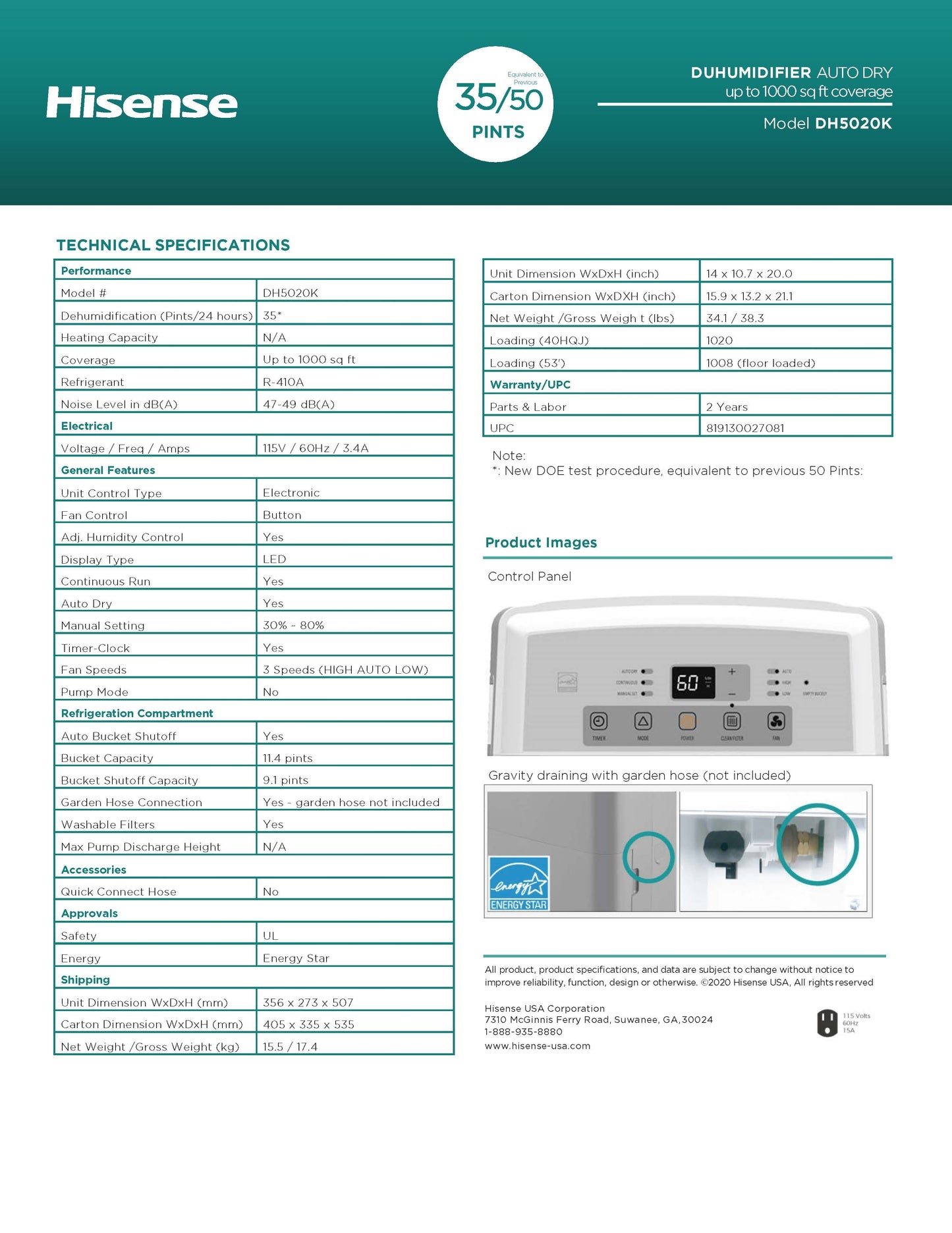 Hisense DH5020K 3-Speed Dehumidifier 35-Pint Capacity, 1000 sq. ft. coverage, 3 Modes – Auto, Continuous, Manual / 3 Fan Speeds – High, Low, Auto