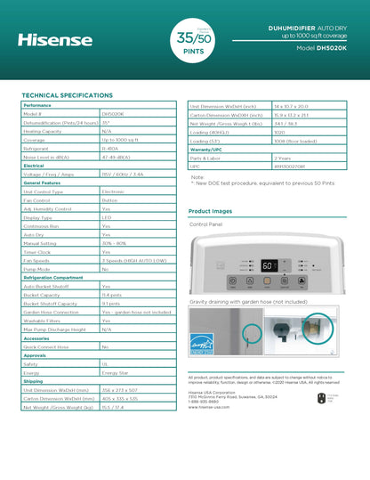 Hisense DH5020K 3-Speed Dehumidifier 35-Pint Capacity, 1000 sq. ft. coverage, 3 Modes – Auto, Continuous, Manual / 3 Fan Speeds – High, Low, Auto