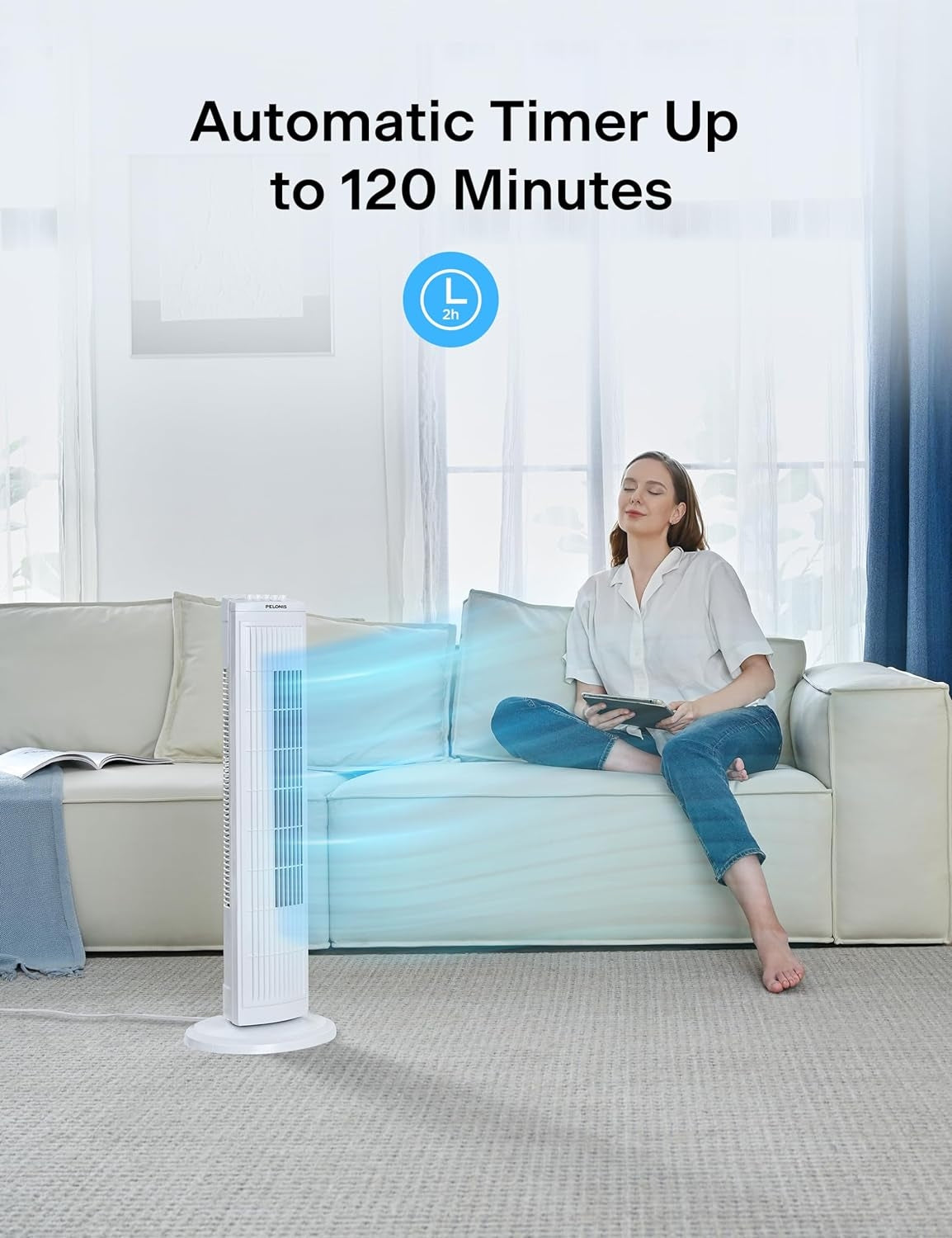 PELONIS 30 Inch Oscillating Tower Fan with 3 Speed Settings and Auto-off Timer, Standing Fan PFT28A2BWW, White