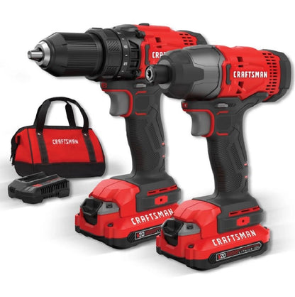 CRAFTSMAN V20 Cordless 2 Tool Combo Drill & Impact Kit w/ 2x 1.5 Ah Batteries and Charger CMCK200C2