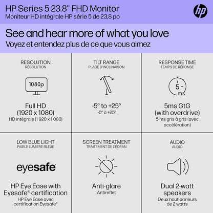 HP Series 5 23.8" 1920 x 1080 5ms 100Hz FHD Monitor with Speakers HDMI, VGA - 524SA