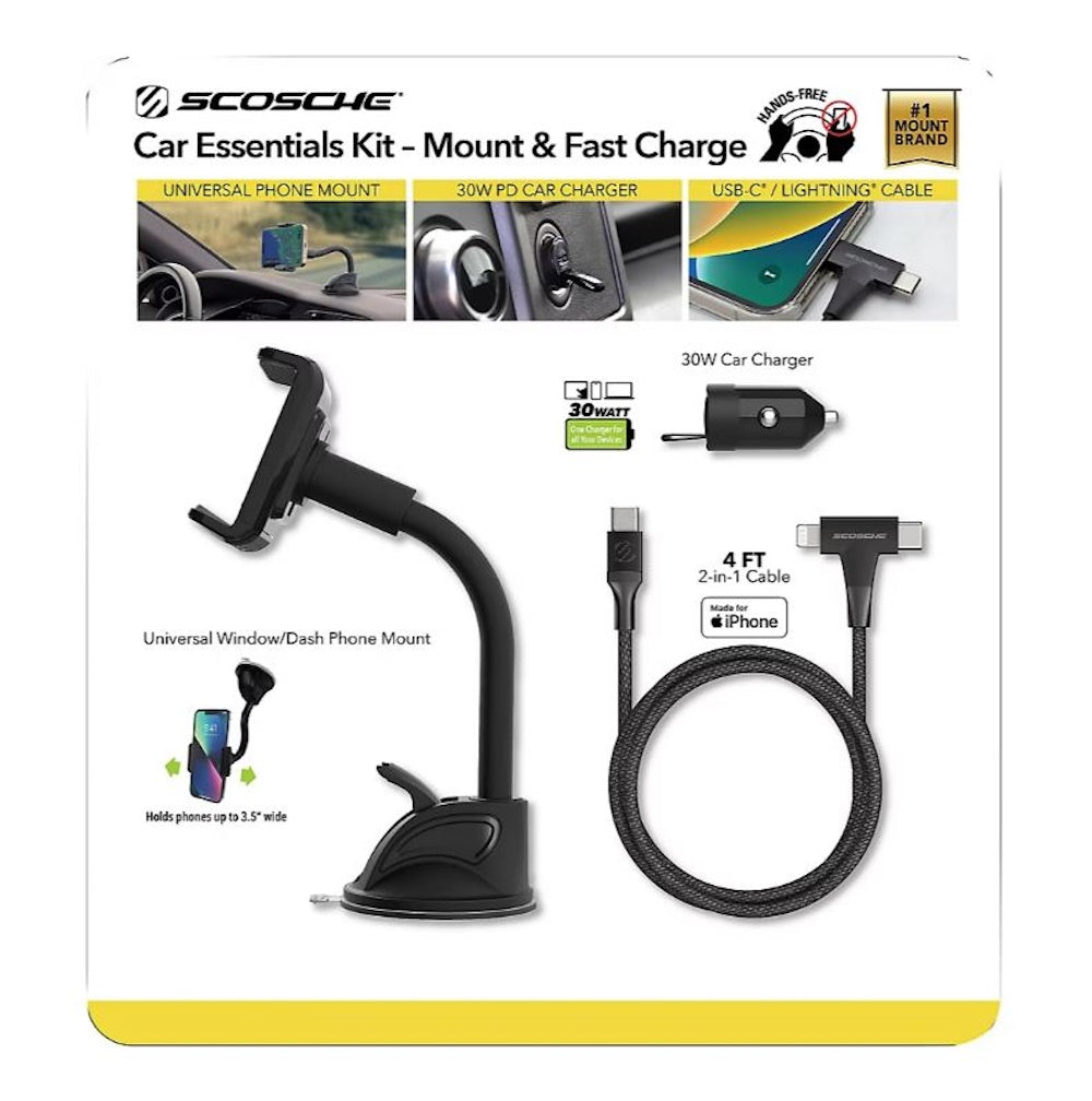 Scosche 3-Piece Travel Universal Phone Mount Charging 2-in-1 USB-C & Light-ning     Cable       UHWCPD30HH-CP0