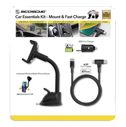 Scosche 3-Piece Travel Universal Phone Mount Charging 2-in-1 USB-C & Light-ning     Cable       UHWCPD30HH-CP0
