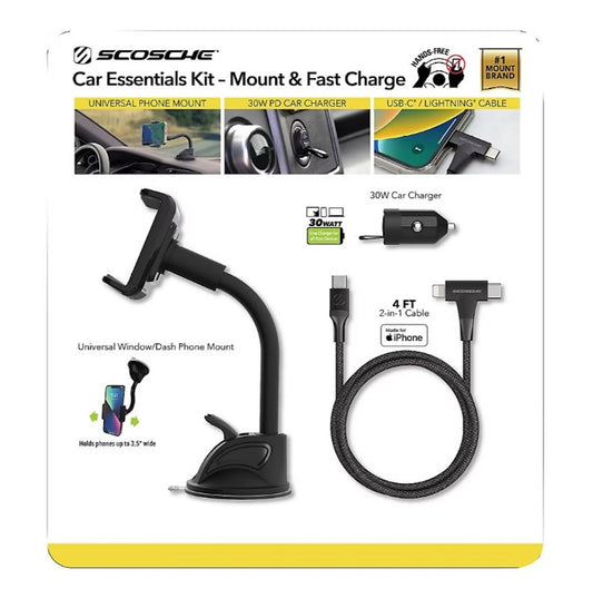 Scosche 3-Piece Travel Universal Phone Mount Charging 2-in-1 USB-C & Light-ning     Cable       UHWCPD30HH-CP0