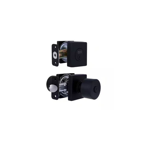 Ridgeway Matte Black Single Cylinder Door Knob Combo Pack with Square Rose Featuring Dual Keyway