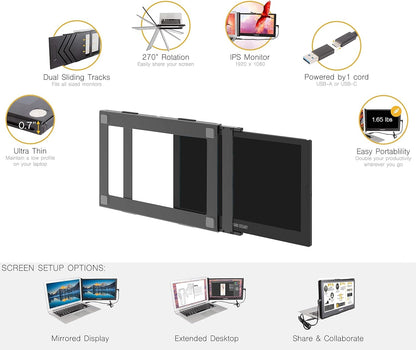 SideTrak Slide 12.5" Attachable Portable Monitor for Laptop with Case - IPS Full HD 1080p USB Display - Black