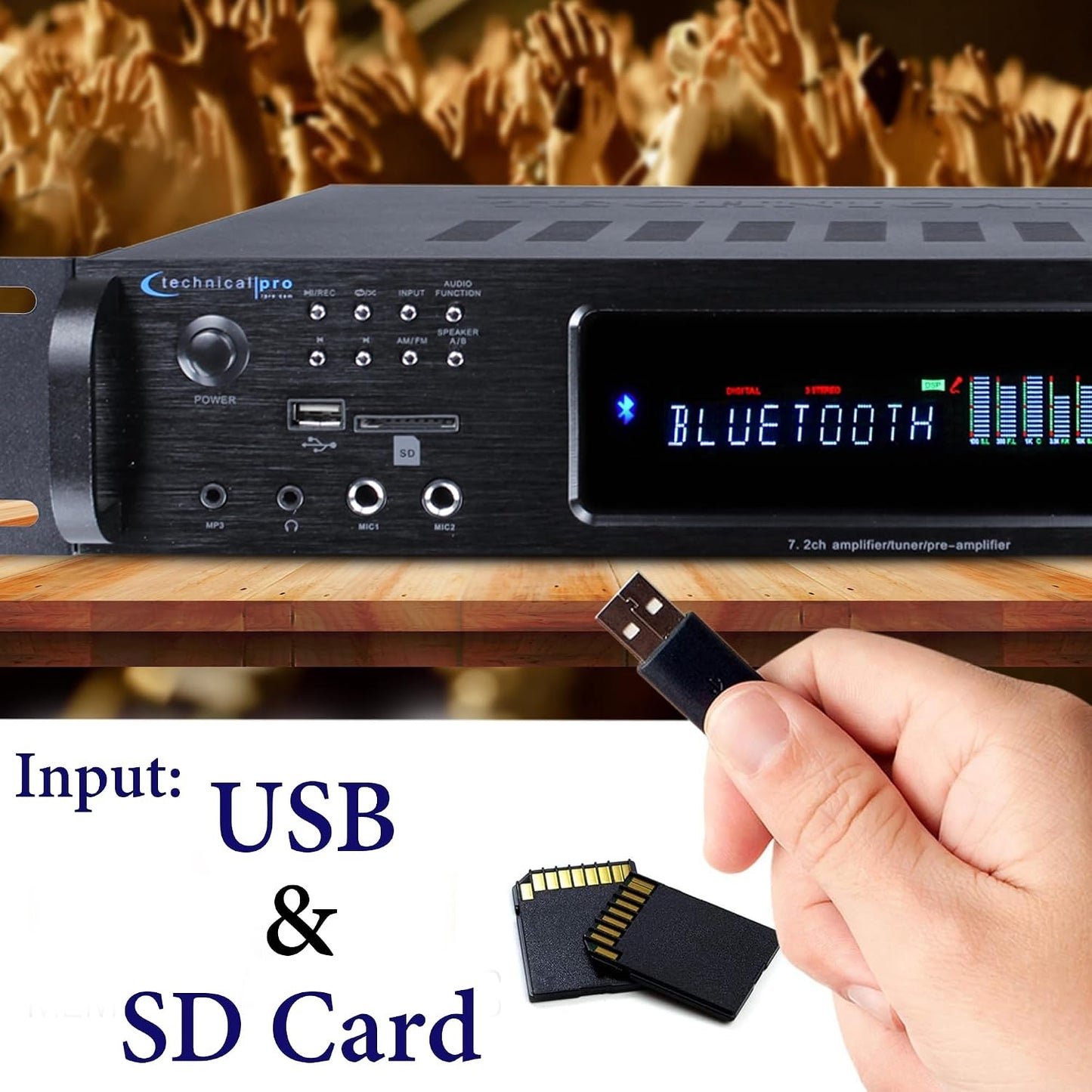 Technical Pro 2500 Watts Digital Hybrid Amplifier, Preamp/Tuner with USB and SD Inputs H2502URBT