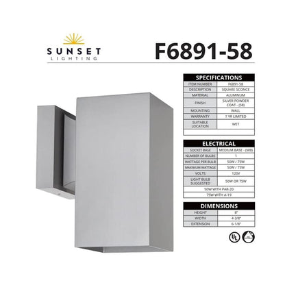 Sunset Lighting 1-Light Silver Powder Coat Square 8" x 4.375" Outdoor Square Light Wall Sconce F6891-58