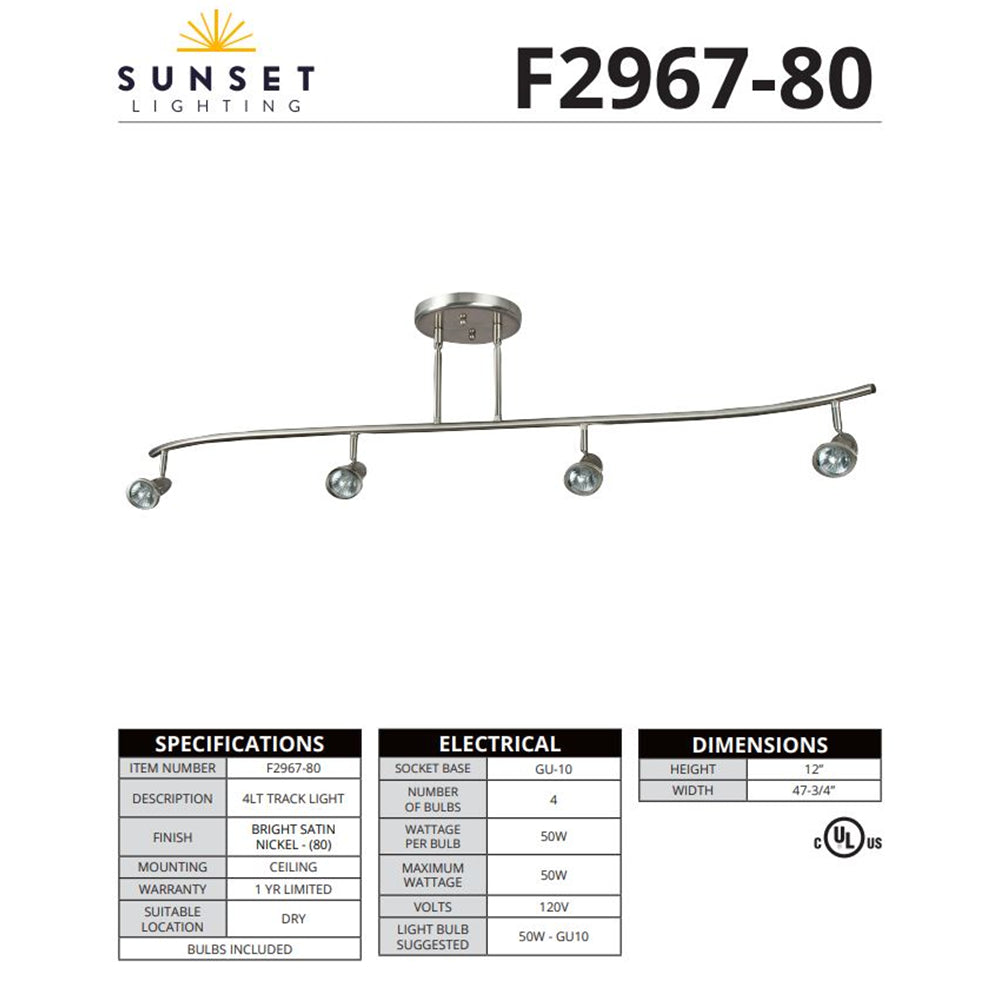 Sunset Lighting 4-Light Track 6.5W Bright Satin Nickel Finish GU10 base F2967-80-LED
