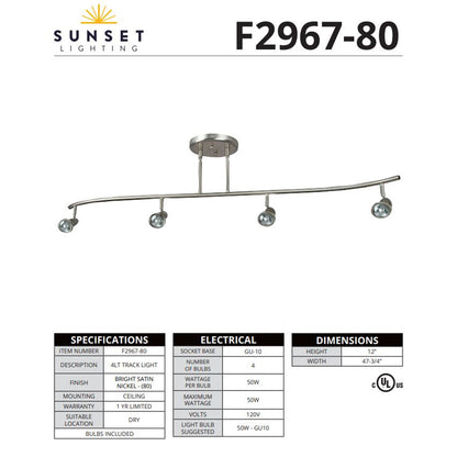 Sunset Lighting 4-Light Track 6.5W Bright Satin Nickel Finish GU10 base F2967-80-LED