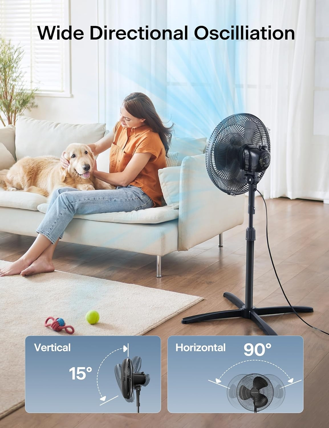 PELONIS 16 inch Pedestal Fan for Bedroom, Oscillating Fan, 3-Speeds, 90° Oscillation, Adjustable Height, Floor Fan PFS40M2ABB