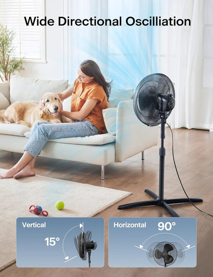 PELONIS 16 inch Pedestal Fan for Bedroom, Oscillating Fan, 3-Speeds, 90° Oscillation, Adjustable Height, Floor Fan PFS40M2ABB