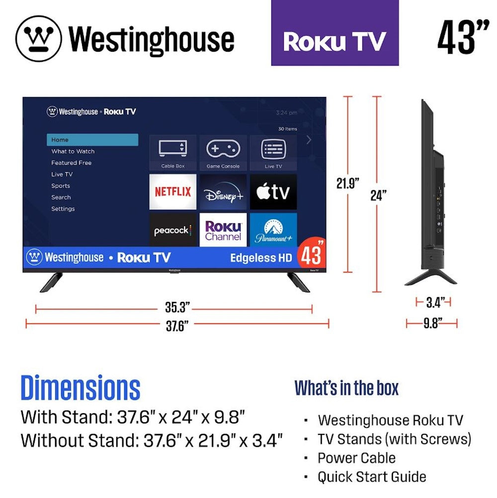 Westinghouse 43″ 60Hz 1080p Edgeless Bezel Full HD HDR10, HLG Roku TV WR43EX2100