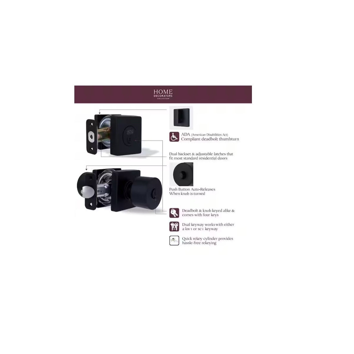 Ridgeway Matte Black Single Cylinder Door Knob Combo Pack with Square Rose Featuring Dual Keyway
