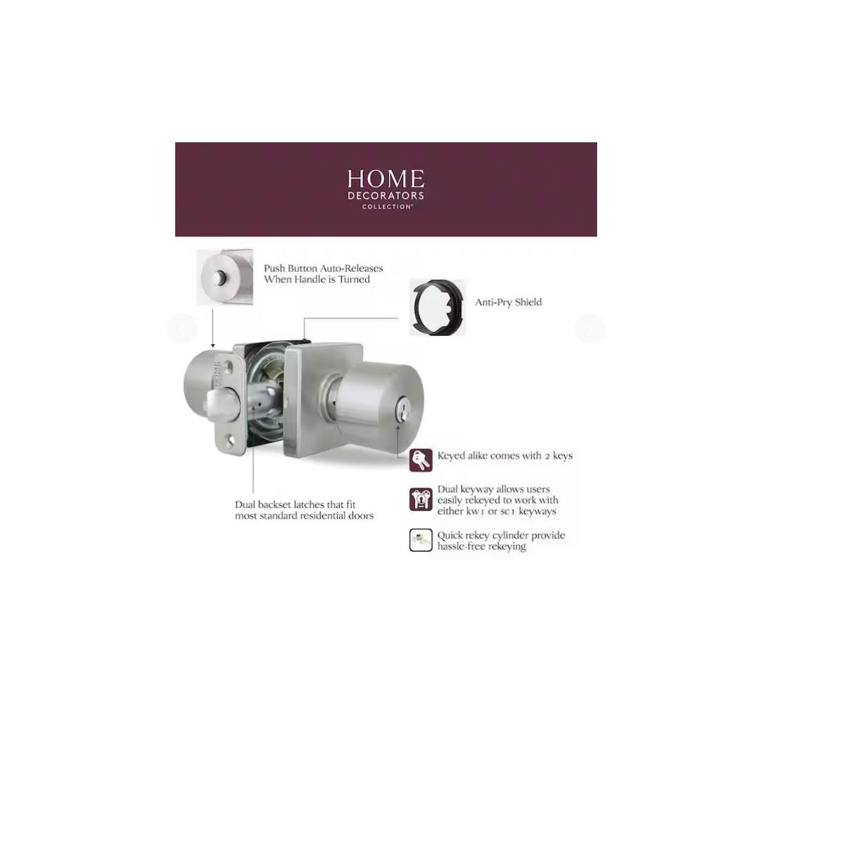 Ridgeway Satin Nickel Keyed Entry Door Knob with Square Rose Featuring Dual Keyway