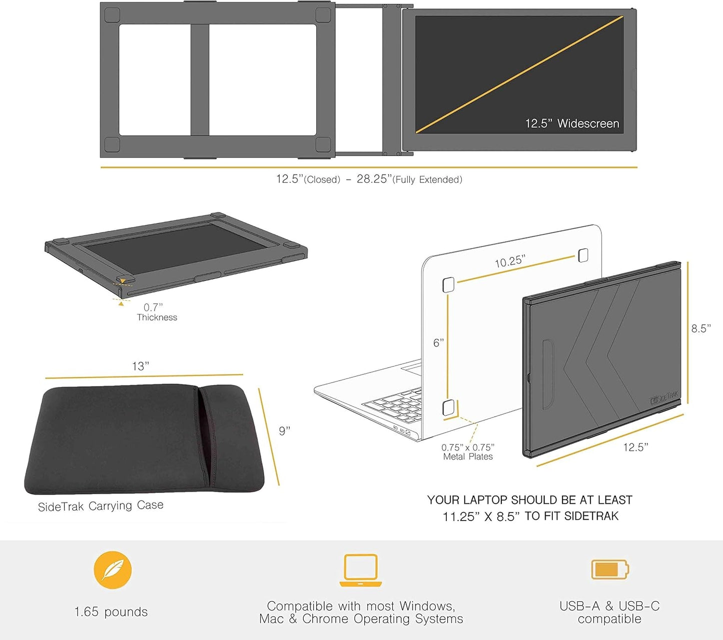 SideTrak Slide 12.5" Attachable Portable Monitor for Laptop with Case - IPS Full HD 1080p USB Display - Black