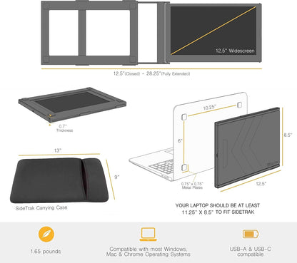 SideTrak Slide 12.5" Attachable Portable Monitor for Laptop with Case - IPS Full HD 1080p USB Display - Black
