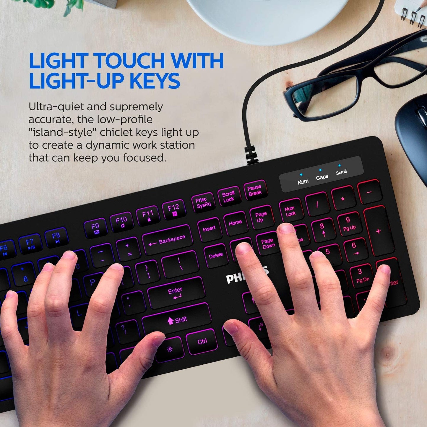 PHILIPS Wired Keyboard and Mouse Combo | LED Keyboard + Ambidextrous RGB Optical Mouse SPT8264