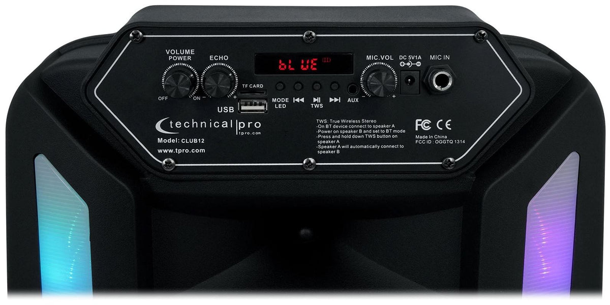 Technical Pro CLUB12 12" Rechargeable Bluetooth Speakers+Stands+Remote+Mic+Light