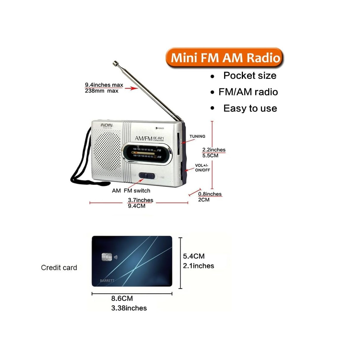 INDIN BC-R21 AM/FM Pocket Radio – Battery Operated Portable Radio with Built-in Loud Speaker