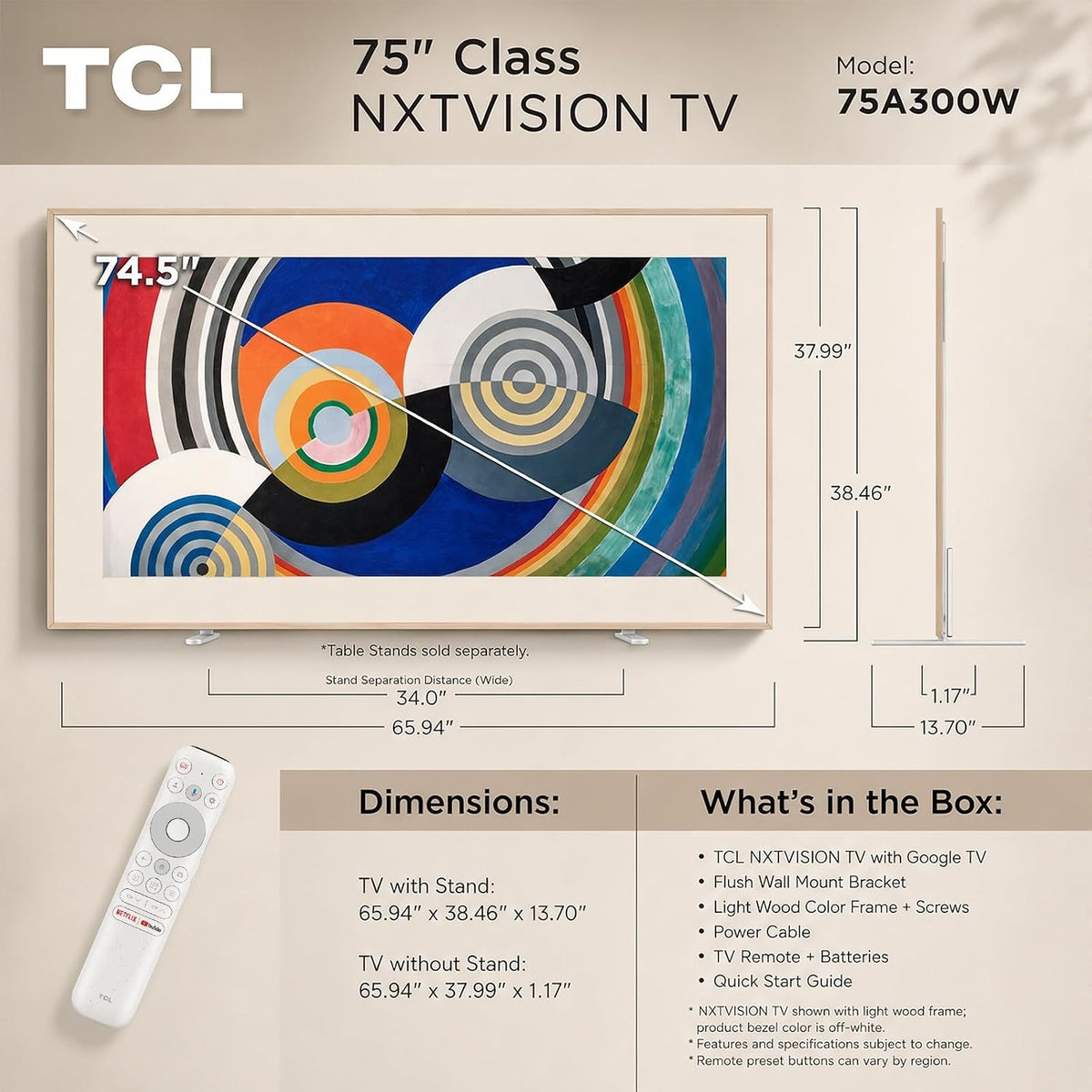 TCL - 75" Class A300W NXTVISION Series 4K QLED Art TV with Magnetic Frame 75A303W